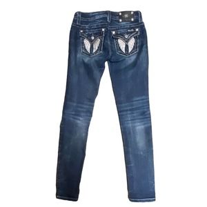 MISS ME Vintage Angel Wing Bling Pocket Denim Low Rise Jeans 26 Signature Skinny